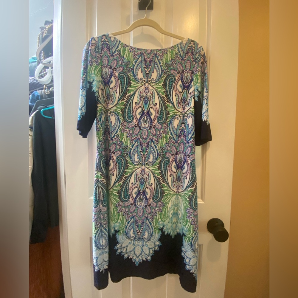 Eliza J White and Blue Embellished Bohemian Midi Dress with Gold Zipper